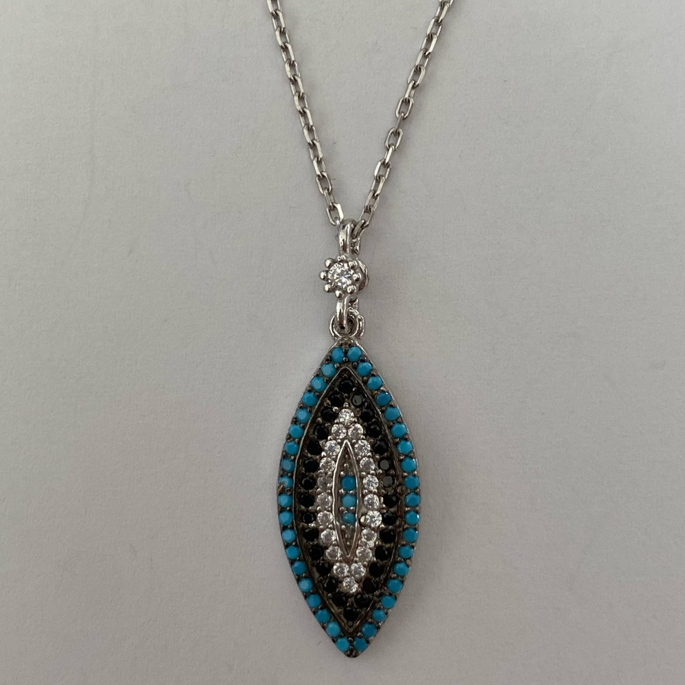 🧿 925 Silver necklace fancy oval evil eye cz turquoise